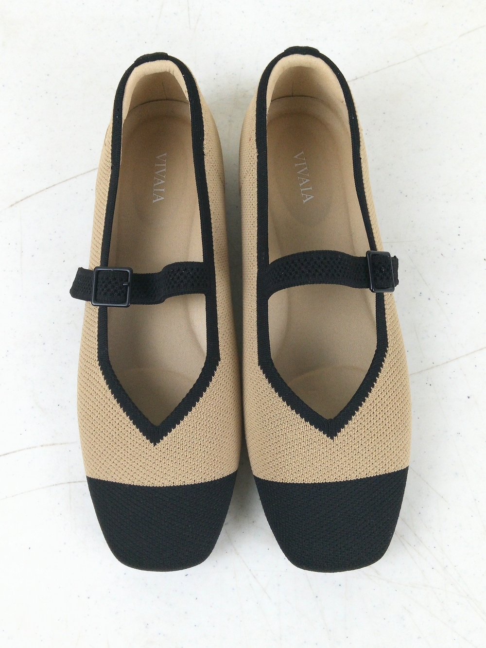 Vivaia Margot Mary Jane Ballet Flats Women Size 39/8 Beige Black Square Toe NEW